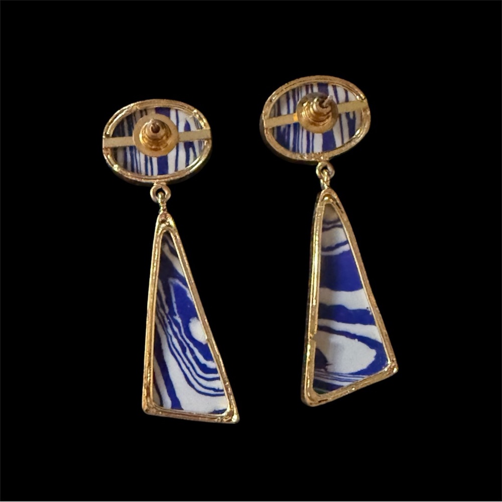 Blue and White Patterned Triangle Gold Border Dangling Statement Post Earrings - Picture 7 of 16
